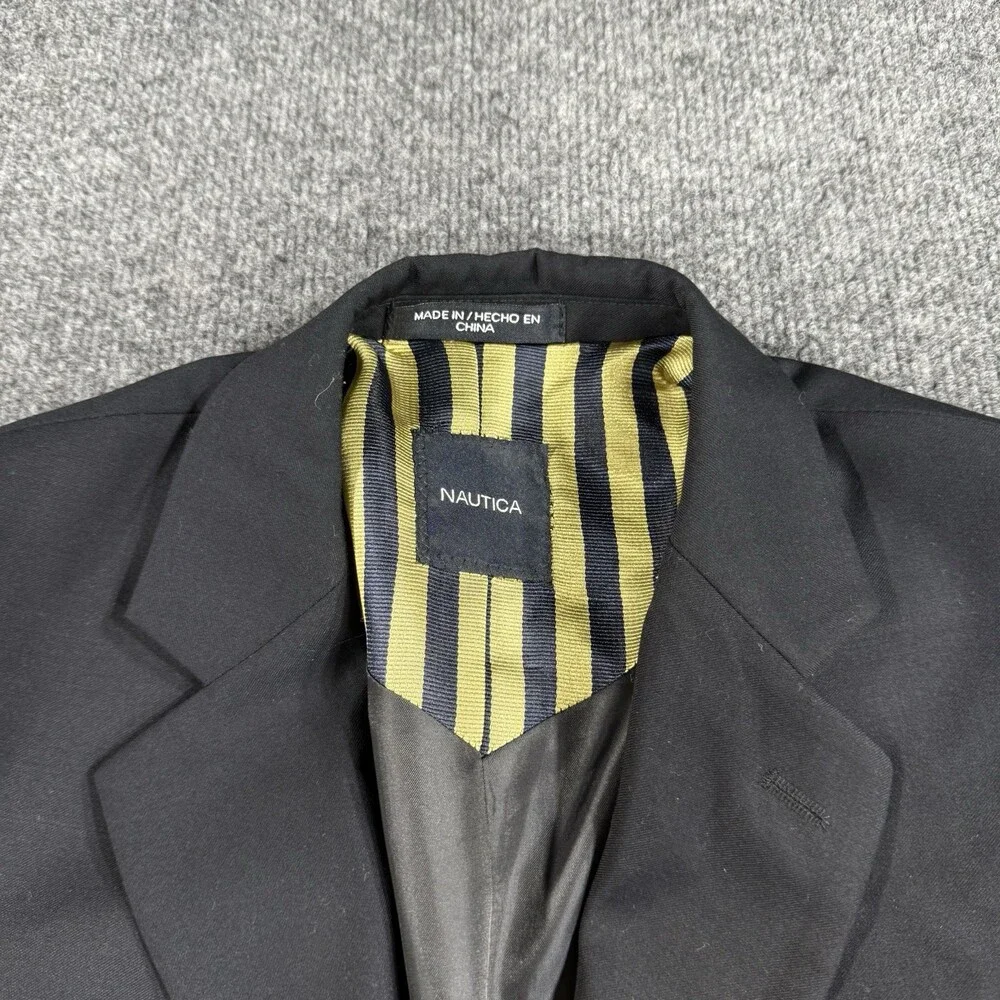 Nautica Mens Black Blazer Sport Coat Gold Button Striped Lining Classic Jacket